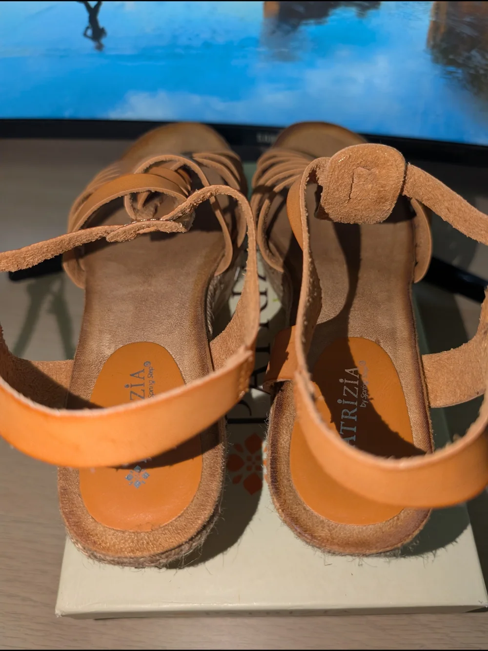 Patrizia Cognac Faux Leather Studded Espadrille Wedges.